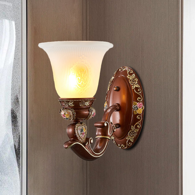 Brown Bell Shade Sconce Light Fixture Antique Style Milky Glass 1/2-Head Bedside Wall Mount Light 1.0 Brown Clearhalo 'Wall Lamps & Sconces' 'Wall Lights' Lighting' 1220693