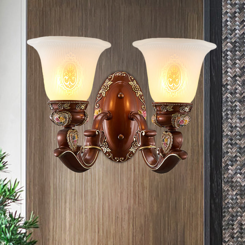 Brown Bell Shade Sconce Light Fixture Antique Style Milky Glass 1/2-Head Bedside Wall Mount Light Clearhalo 'Wall Lamps & Sconces' 'Wall Lights' Lighting' 1220698