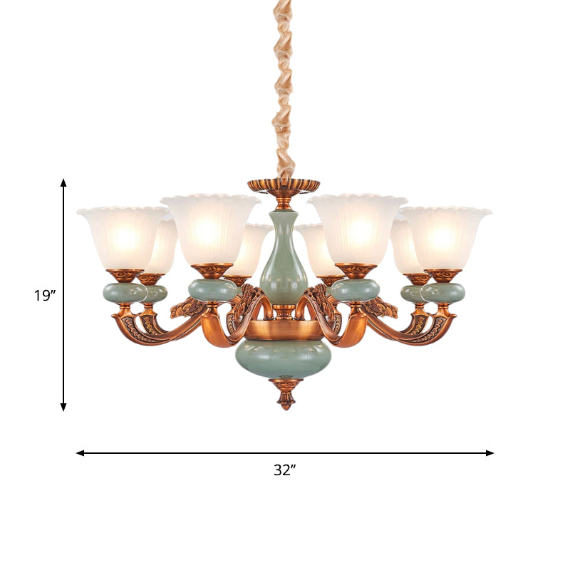 Vintage Style Floral Shaped Pendant Chandelier 6/8-Bulb Cream Glass Suspension Lighting in Brown Clearhalo 'Ceiling Lights' 'Chandeliers' Lighting' options 1220755