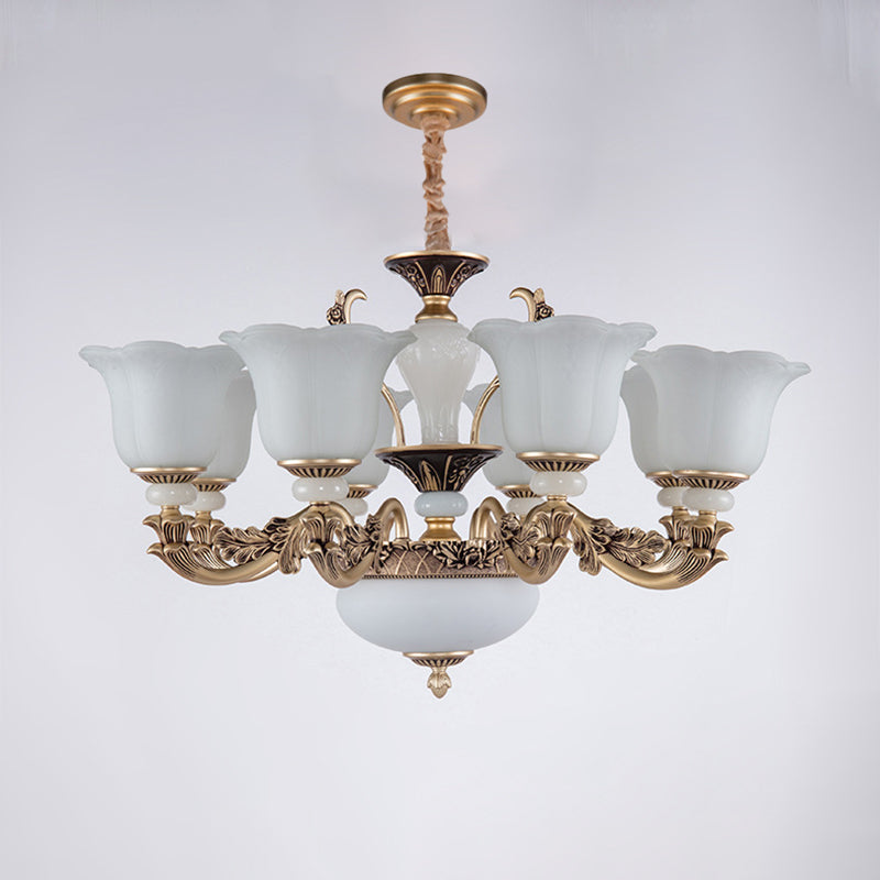 Metallic Gold Hanging Chandelier Swooping Arm 6/8/10 Heads Antiqued Style Ceiling Pendant with Floral Shade Clearhalo 'Ceiling Lights' 'Chandeliers' Lighting' options 1220781