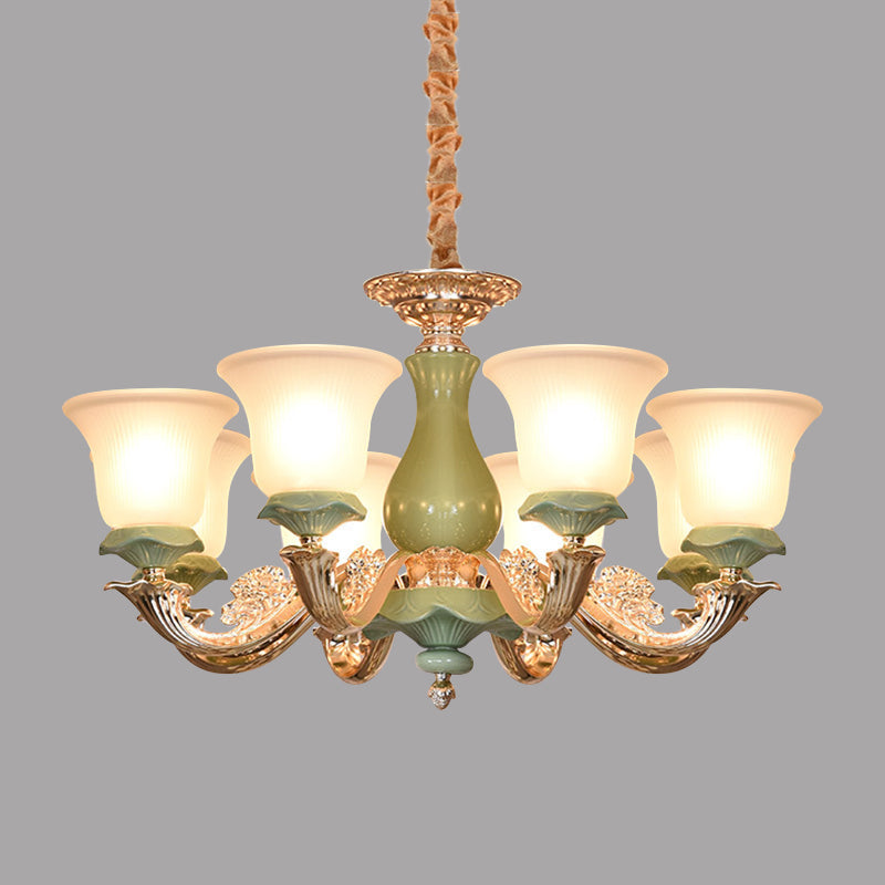 8/12 Lights Flared Shade Suspension Pendant Traditional Style Green Opal Glass Chandelier Lighting Clearhalo 'Ceiling Lights' 'Chandeliers' Lighting' options 1220795
