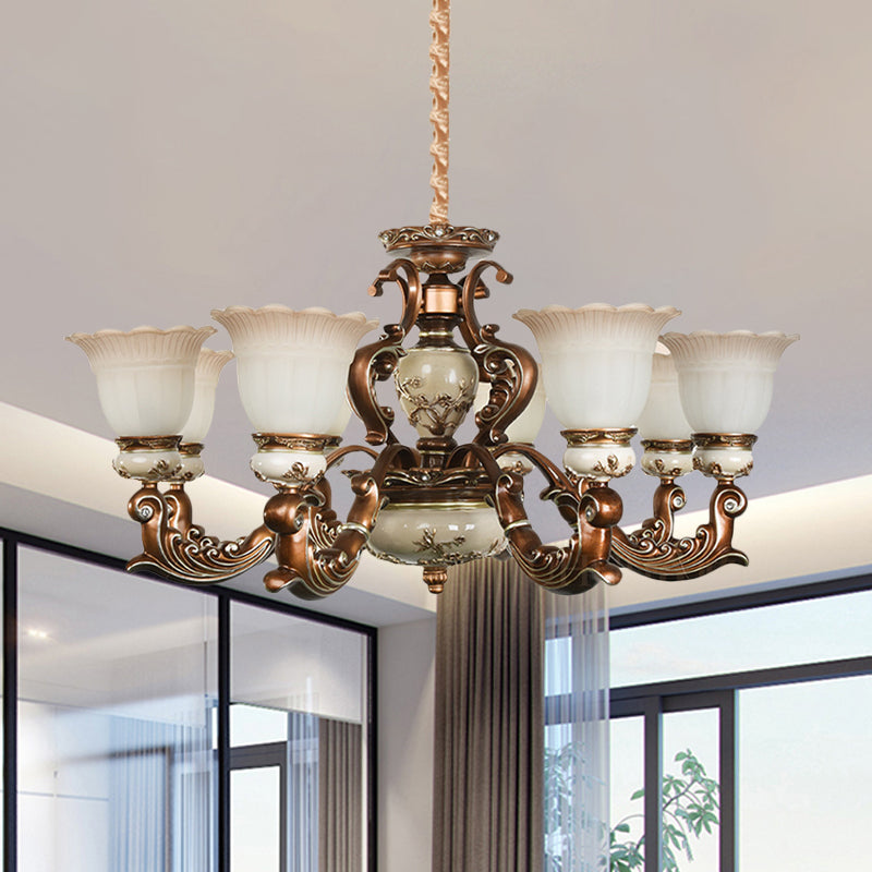 Brown 6/8 Heads Ceiling Chandelier Traditional Style Milky Glass Flower Shaped Hanging Pendant Clearhalo 'Ceiling Lights' 'Chandeliers' Lighting' options 1220807