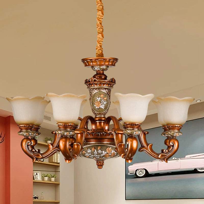 6/8-Head Cream Glass Chandelier Lighting Vintage Brown Floral Shaped Dining Room Ceiling Pendant Light 8 Brown Clearhalo 'Ceiling Lights' 'Chandeliers' 'Close To Ceiling Lights' 'Glass shade' 'Glass' Lighting' 1220873