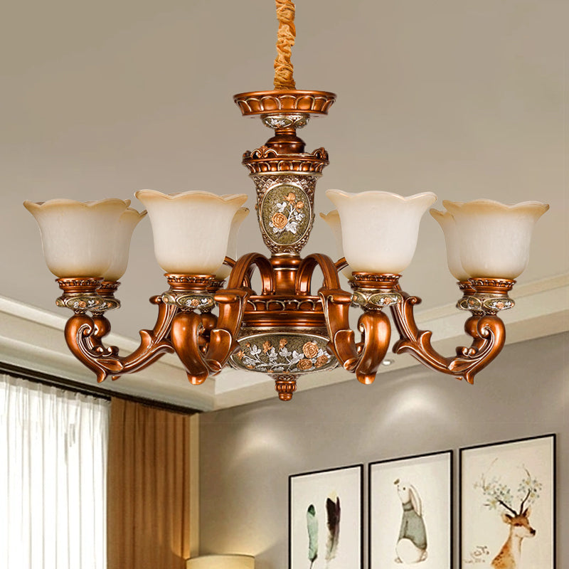 6/8-Head Cream Glass Chandelier Lighting Vintage Brown Floral Shaped Dining Room Ceiling Pendant Light Clearhalo 'Ceiling Lights' 'Chandeliers' 'Close To Ceiling Lights' 'Glass shade' 'Glass' Lighting' 1220874