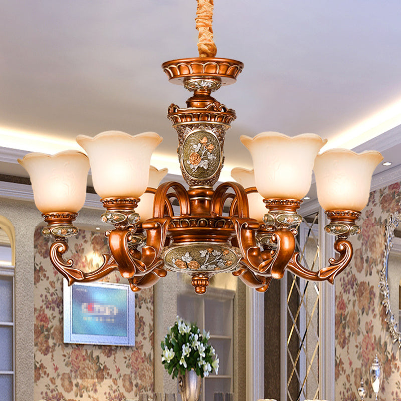 6/8-Head Cream Glass Chandelier Lighting Vintage Brown Floral Shaped Dining Room Ceiling Pendant Light 6 Brown Clearhalo 'Ceiling Lights' 'Chandeliers' 'Close To Ceiling Lights' 'Glass shade' 'Glass' Lighting' 1220877