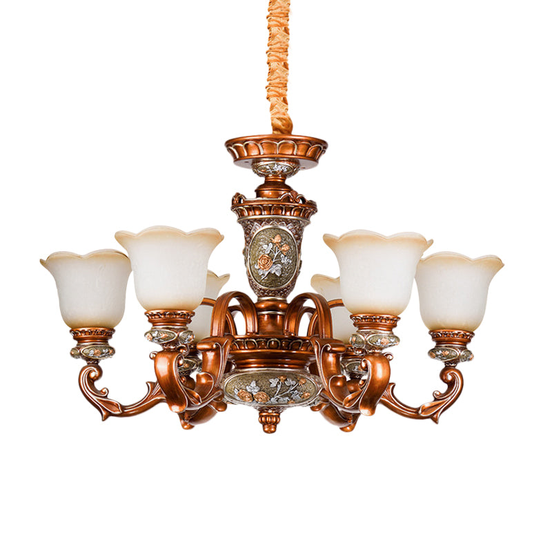 6/8-Head Cream Glass Chandelier Lighting Vintage Brown Floral Shaped Dining Room Ceiling Pendant Light Clearhalo 'Ceiling Lights' 'Chandeliers' 'Close To Ceiling Lights' 'Glass shade' 'Glass' Lighting' 1220879
