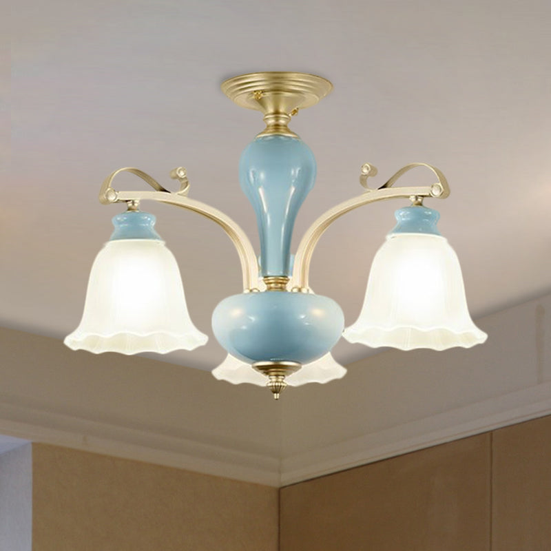 Blue 3/6/8 Bulbs Chandelier Lighting Rural Style Cream Glass Blossoms Shaped Hanging Pendant Light 3 Blue Clearhalo 'Ceiling Lights' 'Chandeliers' 'Close To Ceiling Lights' 'Close to ceiling' 'Glass shade' 'Glass' 'Semi-flushmount' Lighting' 1220907