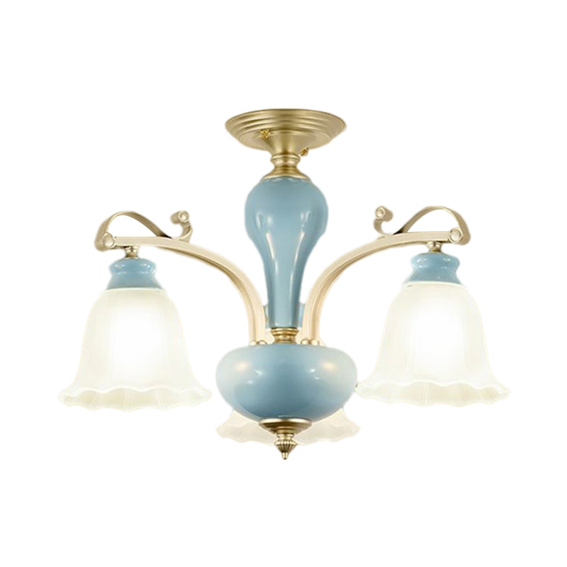 Blue 3/6/8 Bulbs Chandelier Lighting Rural Style Cream Glass Blossoms Shaped Hanging Pendant Light Clearhalo 'Ceiling Lights' 'Chandeliers' 'Close To Ceiling Lights' 'Close to ceiling' 'Glass shade' 'Glass' 'Semi-flushmount' Lighting' 1220909