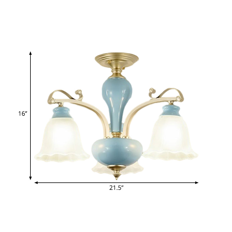 Blue 3/6/8 Bulbs Chandelier Lighting Rural Style Cream Glass Blossoms Shaped Hanging Pendant Light Clearhalo 'Ceiling Lights' 'Chandeliers' 'Close To Ceiling Lights' 'Close to ceiling' 'Glass shade' 'Glass' 'Semi-flushmount' Lighting' 1220910