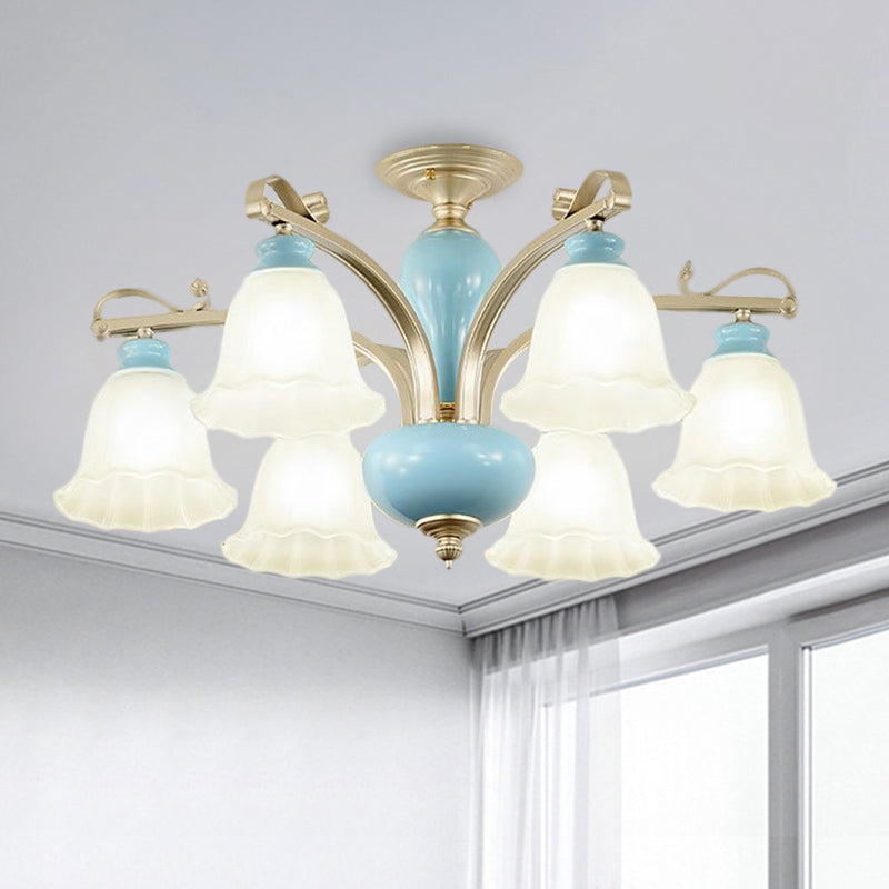 Blue 3/6/8 Bulbs Chandelier Lighting Rural Style Cream Glass Blossoms Shaped Hanging Pendant Light Clearhalo 'Ceiling Lights' 'Chandeliers' 'Close To Ceiling Lights' 'Close to ceiling' 'Glass shade' 'Glass' 'Semi-flushmount' Lighting' 1220912