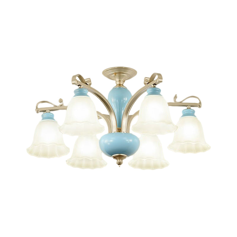 Blue 3/6/8 Bulbs Chandelier Lighting Rural Style Cream Glass Blossoms Shaped Hanging Pendant Light Clearhalo 'Ceiling Lights' 'Chandeliers' 'Close To Ceiling Lights' 'Close to ceiling' 'Glass shade' 'Glass' 'Semi-flushmount' Lighting' 1220914