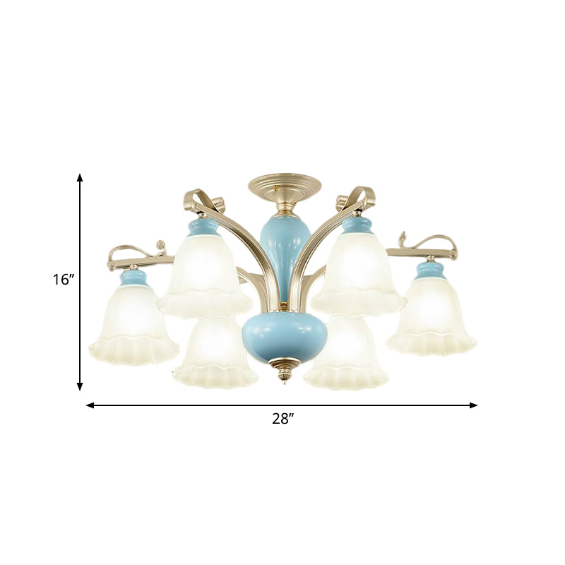 Blue 3/6/8 Bulbs Chandelier Lighting Rural Style Cream Glass Blossoms Shaped Hanging Pendant Light Clearhalo 'Ceiling Lights' 'Chandeliers' 'Close To Ceiling Lights' 'Close to ceiling' 'Glass shade' 'Glass' 'Semi-flushmount' Lighting' 1220915
