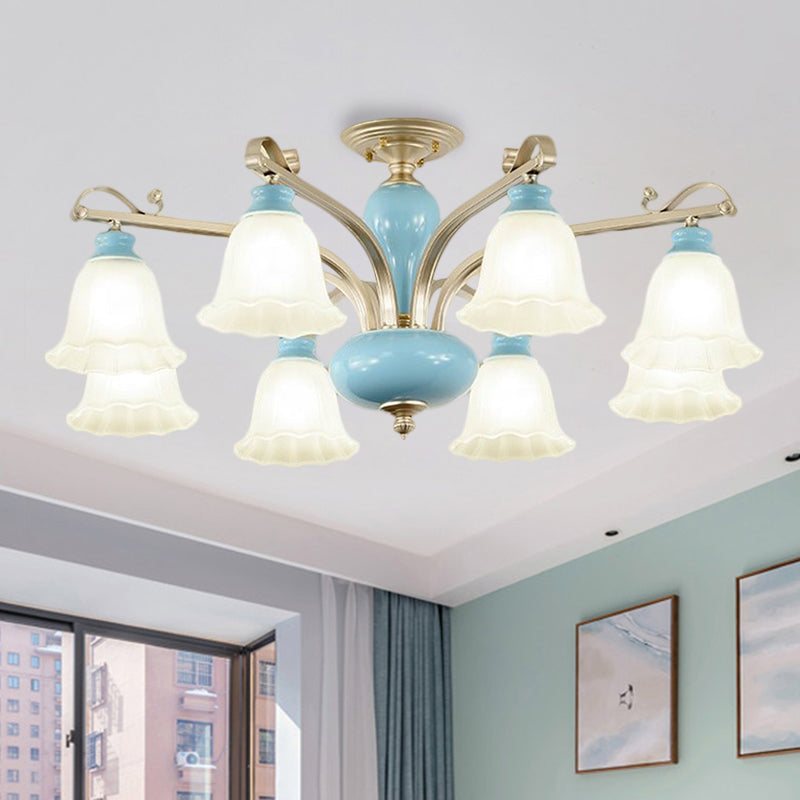Blue 3/6/8 Bulbs Chandelier Lighting Rural Style Cream Glass Blossoms Shaped Hanging Pendant Light 8 Blue Clearhalo 'Ceiling Lights' 'Chandeliers' 'Close To Ceiling Lights' 'Close to ceiling' 'Glass shade' 'Glass' 'Semi-flushmount' Lighting' 1220916