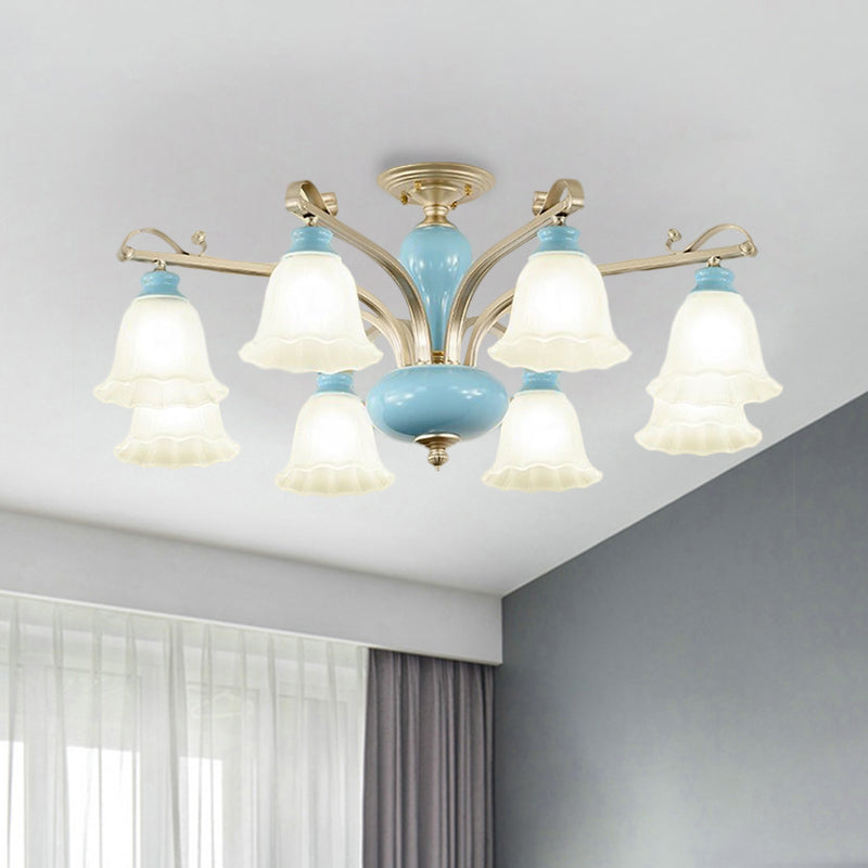 Blue 3/6/8 Bulbs Chandelier Lighting Rural Style Cream Glass Blossoms Shaped Hanging Pendant Light Clearhalo 'Ceiling Lights' 'Chandeliers' 'Close To Ceiling Lights' 'Close to ceiling' 'Glass shade' 'Glass' 'Semi-flushmount' Lighting' 1220917