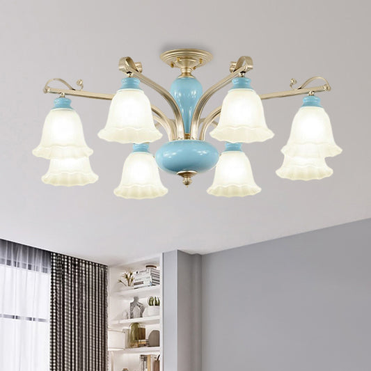 Blue 3/6/8 Bulbs Chandelier Lighting Rural Style Cream Glass Blossoms Shaped Hanging Pendant Light Clearhalo 'Ceiling Lights' 'Chandeliers' 'Close To Ceiling Lights' 'Close to ceiling' 'Glass shade' 'Glass' 'Semi-flushmount' Lighting' 1220918