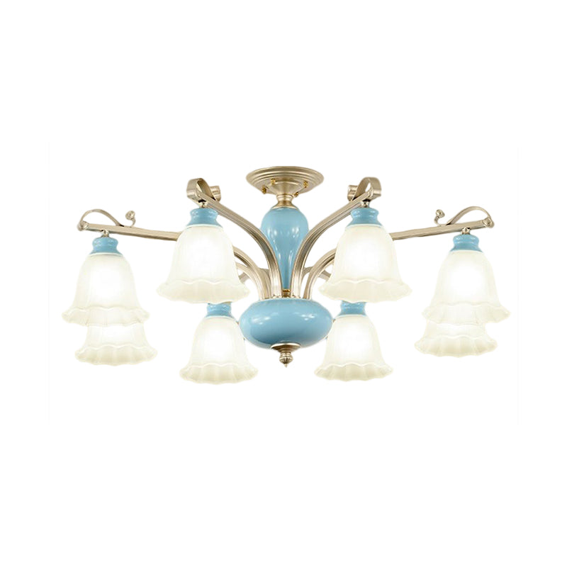 Blue 3/6/8 Bulbs Chandelier Lighting Rural Style Cream Glass Blossoms Shaped Hanging Pendant Light Clearhalo 'Ceiling Lights' 'Chandeliers' 'Close To Ceiling Lights' 'Close to ceiling' 'Glass shade' 'Glass' 'Semi-flushmount' Lighting' 1220919