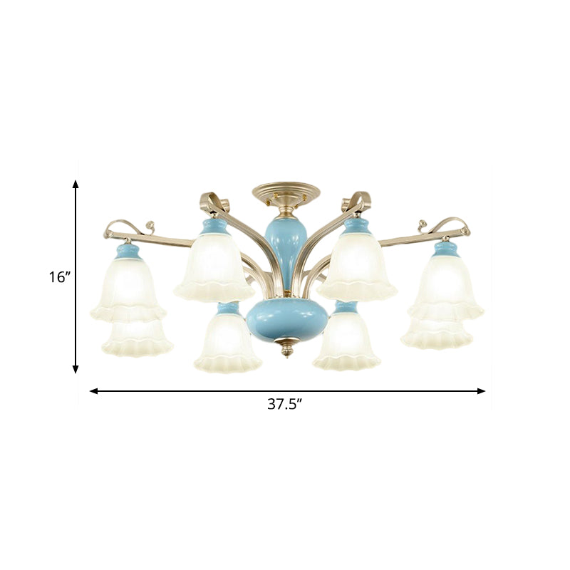 Blue 3/6/8 Bulbs Chandelier Lighting Rural Style Cream Glass Blossoms Shaped Hanging Pendant Light Clearhalo 'Ceiling Lights' 'Chandeliers' 'Close To Ceiling Lights' 'Close to ceiling' 'Glass shade' 'Glass' 'Semi-flushmount' Lighting' 1220920