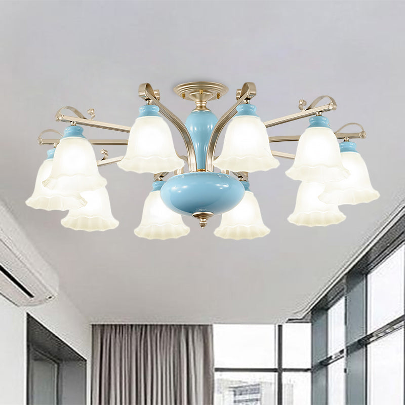 Blue 3/6/8 Bulbs Chandelier Lighting Rural Style Cream Glass Blossoms Shaped Hanging Pendant Light 10 Blue Clearhalo 'Ceiling Lights' 'Chandeliers' 'Close To Ceiling Lights' 'Close to ceiling' 'Glass shade' 'Glass' 'Semi-flushmount' Lighting' 1220921