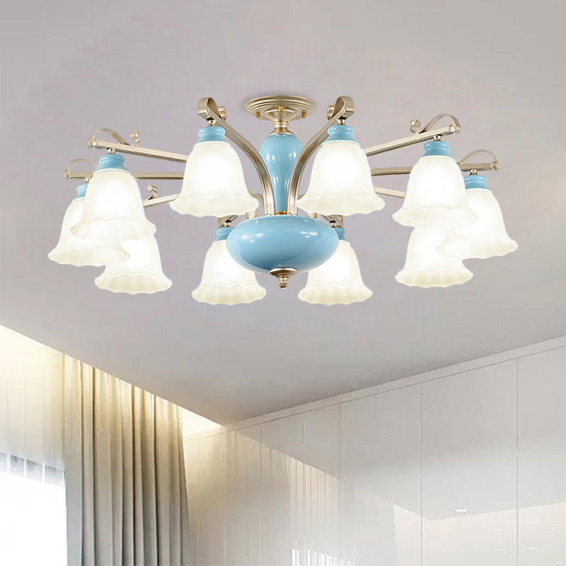 Blue 3/6/8 Bulbs Chandelier Lighting Rural Style Cream Glass Blossoms Shaped Hanging Pendant Light Clearhalo 'Ceiling Lights' 'Chandeliers' 'Close To Ceiling Lights' 'Close to ceiling' 'Glass shade' 'Glass' 'Semi-flushmount' Lighting' 1220922