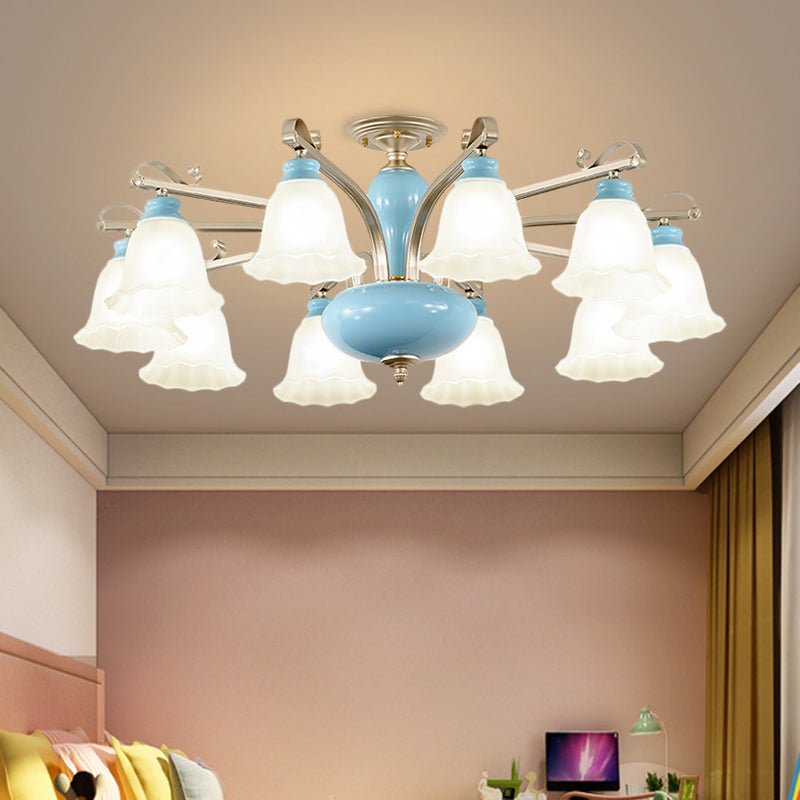 Blue 3/6/8 Bulbs Chandelier Lighting Rural Style Cream Glass Blossoms Shaped Hanging Pendant Light Clearhalo 'Ceiling Lights' 'Chandeliers' 'Close To Ceiling Lights' 'Close to ceiling' 'Glass shade' 'Glass' 'Semi-flushmount' Lighting' 1220923