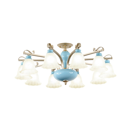 Blue 3/6/8 Bulbs Chandelier Lighting Rural Style Cream Glass Blossoms Shaped Hanging Pendant Light Clearhalo 'Ceiling Lights' 'Chandeliers' 'Close To Ceiling Lights' 'Close to ceiling' 'Glass shade' 'Glass' 'Semi-flushmount' Lighting' 1220924