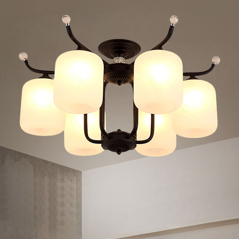 Cream Glass Cylindrical Shade Chandelier Retro Style 6/8 Heads Living Room Suspension Pendant Light in Black 6 Black Clearhalo 'Ceiling Lights' 'Close To Ceiling Lights' 'Close to ceiling' 'Semi-flushmount' Lighting' 1221074