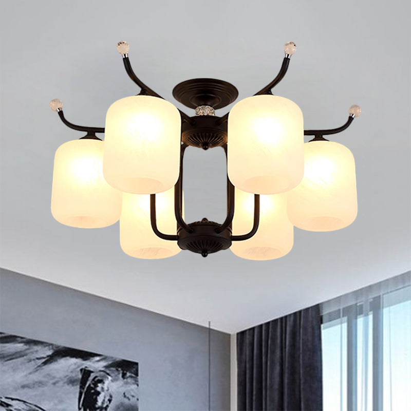 Cream Glass Cylindrical Shade Chandelier Retro Style 6/8 Heads Living Room Suspension Pendant Light in Black Clearhalo 'Ceiling Lights' 'Close To Ceiling Lights' 'Close to ceiling' 'Semi-flushmount' Lighting' 1221075