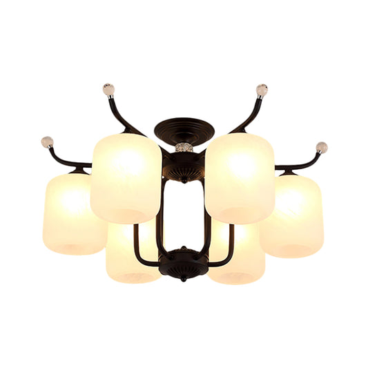 Cream Glass Cylindrical Shade Chandelier Retro Style 6/8 Heads Living Room Suspension Pendant Light in Black Clearhalo 'Ceiling Lights' 'Close To Ceiling Lights' 'Close to ceiling' 'Semi-flushmount' Lighting' 1221076