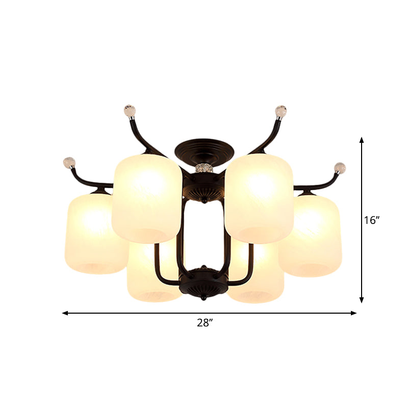 Cream Glass Cylindrical Shade Chandelier Retro Style 6/8 Heads Living Room Suspension Pendant Light in Black Clearhalo 'Ceiling Lights' 'Close To Ceiling Lights' 'Close to ceiling' 'Semi-flushmount' Lighting' 1221077