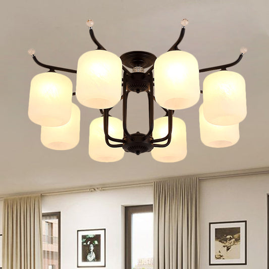 Cream Glass Cylindrical Shade Chandelier Retro Style 6/8 Heads Living Room Suspension Pendant Light in Black 8 Black Clearhalo 'Ceiling Lights' 'Close To Ceiling Lights' 'Close to ceiling' 'Semi-flushmount' Lighting' 1221078
