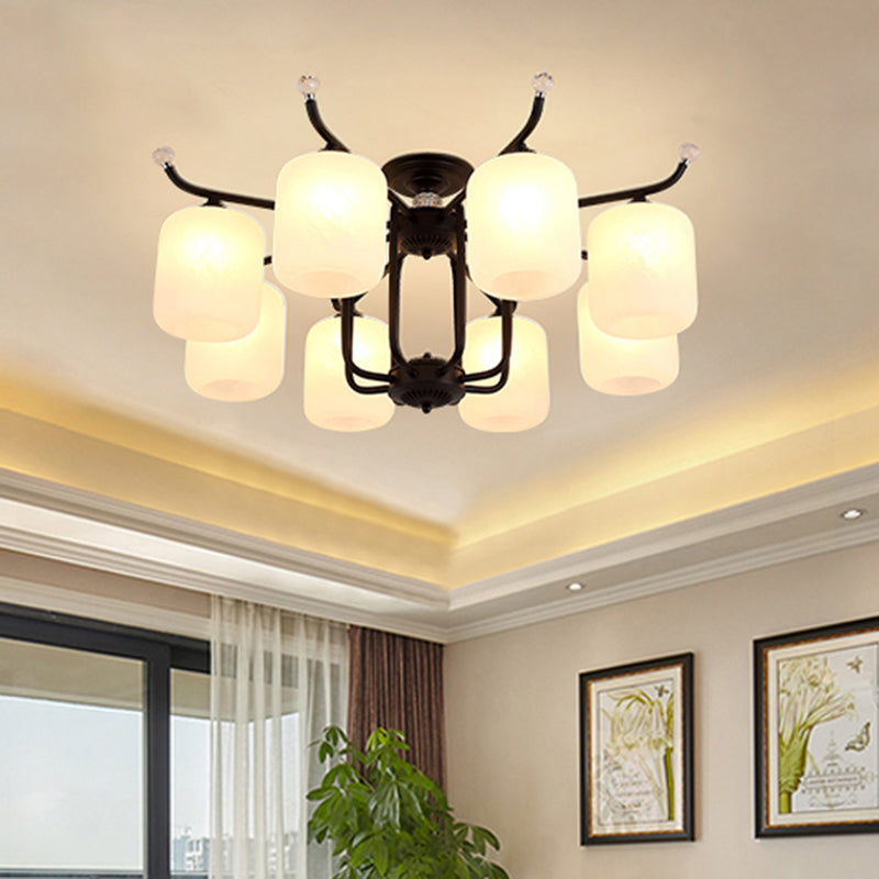 Cream Glass Cylindrical Shade Chandelier Retro Style 6/8 Heads Living Room Suspension Pendant Light in Black Clearhalo 'Ceiling Lights' 'Close To Ceiling Lights' 'Close to ceiling' 'Semi-flushmount' Lighting' 1221079