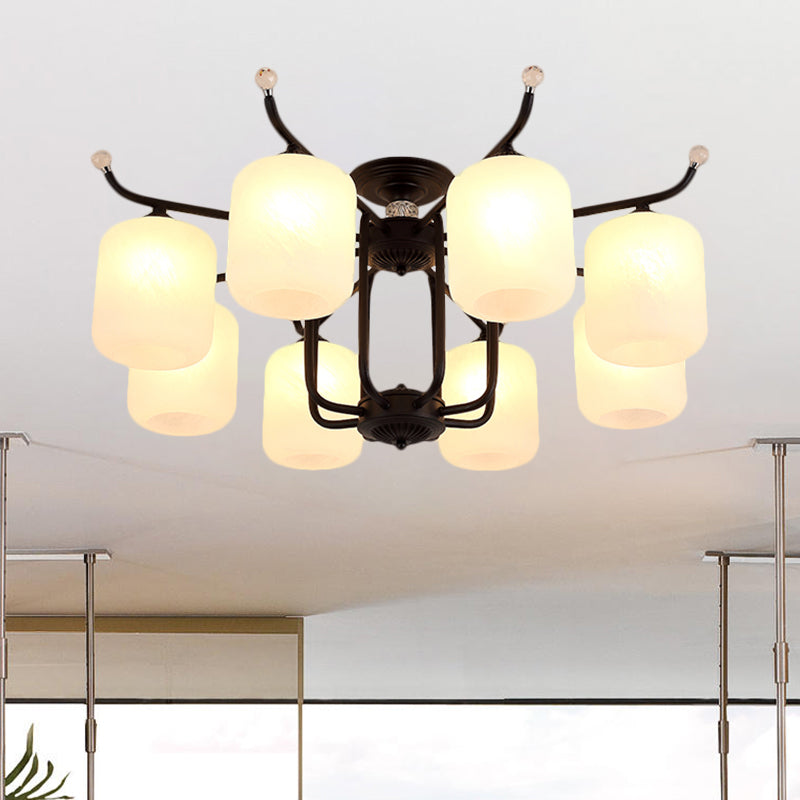 Cream Glass Cylindrical Shade Chandelier Retro Style 6/8 Heads Living Room Suspension Pendant Light in Black Clearhalo 'Ceiling Lights' 'Close To Ceiling Lights' 'Close to ceiling' 'Semi-flushmount' Lighting' 1221080