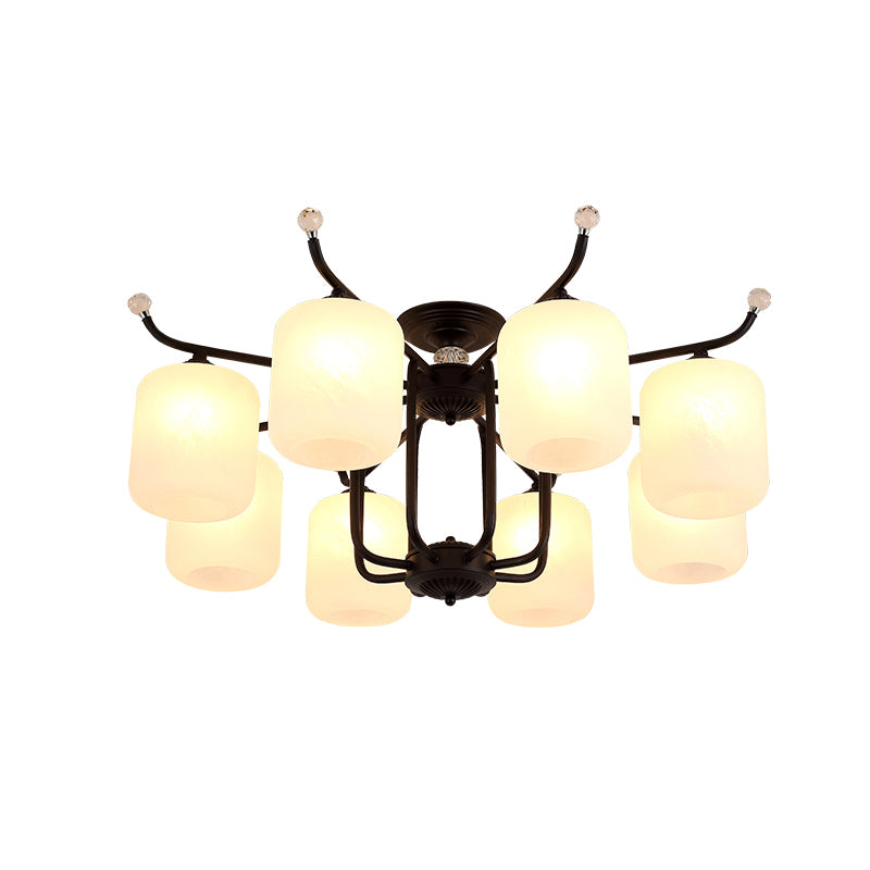 Cream Glass Cylindrical Shade Chandelier Retro Style 6/8 Heads Living Room Suspension Pendant Light in Black Clearhalo 'Ceiling Lights' 'Close To Ceiling Lights' 'Close to ceiling' 'Semi-flushmount' Lighting' 1221081