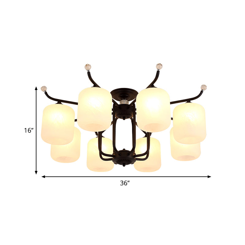 Cream Glass Cylindrical Shade Chandelier Retro Style 6/8 Heads Living Room Suspension Pendant Light in Black Clearhalo 'Ceiling Lights' 'Close To Ceiling Lights' 'Close to ceiling' 'Semi-flushmount' Lighting' 1221082