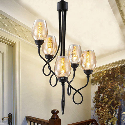 5/7 Bulbs Wine Cup Shaped Pendant Chandelier Traditional Black Glass Ceiling Suspension Lamp 5 Black Clearhalo 'Ceiling Lights' 'Chandeliers' 'Close To Ceiling Lights' 'Glass shade' 'Glass' Lighting' 1221087