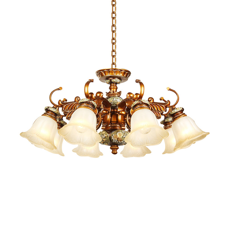 6/8 Bulbs Hanging Chandelier with Floral Shade Milky Glass Vintage Style Guest Room Ceiling Hang Fixture in Brown Clearhalo 'Ceiling Lights' 'Chandeliers' Lighting' options 1221179