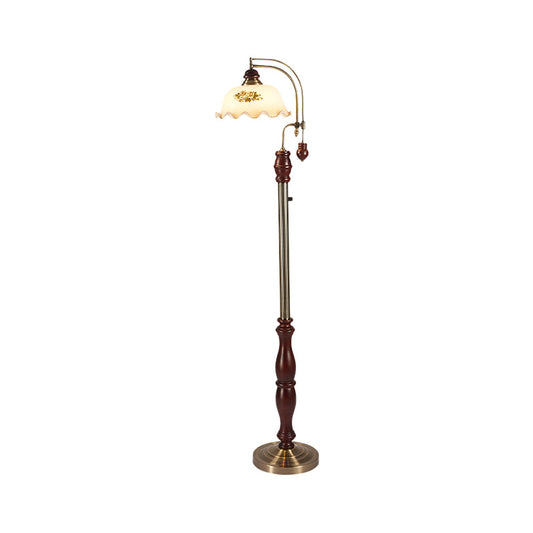 Cream Glass Floral Shade Stand Up Lamp Traditional Style 1 Bulb Guest Room Floor Light with Wood Base in Brown Clearhalo 'Floor Lamps' 'Lamps' Lighting' 1221269