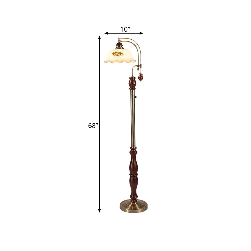 Cream Glass Floral Shade Stand Up Lamp Traditional Style 1 Bulb Guest Room Floor Light with Wood Base in Brown Clearhalo 'Floor Lamps' 'Lamps' Lighting' 1221270