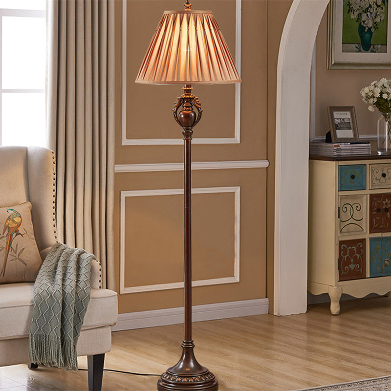 Brown Pleated Tapered Shade Floor Light Retro Fabric 1-Bulb Living Room Floor Reading Lamp Brown Clearhalo 'Floor Lamps' 'Lamps' Lighting' 1221271