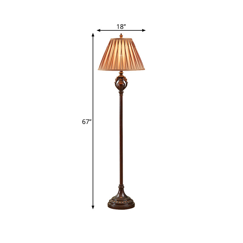 Brown Pleated Tapered Shade Floor Light Retro Fabric 1-Bulb Living Room Floor Reading Lamp Clearhalo 'Floor Lamps' 'Lamps' Lighting' 1221274