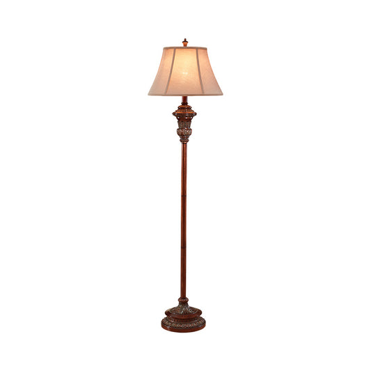 Antiqued Style Bell Shade Floor Reading Lamp 1 Head Fabric Floor Light in Brown for Guest Room Clearhalo 'Floor Lamps' 'Lamps' Lighting' 1221277
