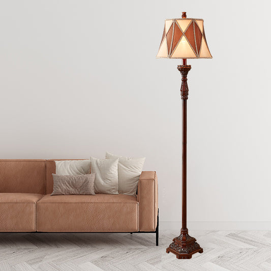 Red Brown 1 Bulb Floor Light Antiqued Style Fabric Flared Shade Floor Standing Lamp with Harlequin Design Clearhalo 'Floor Lamps' 'Lamps' Lighting' 1221284