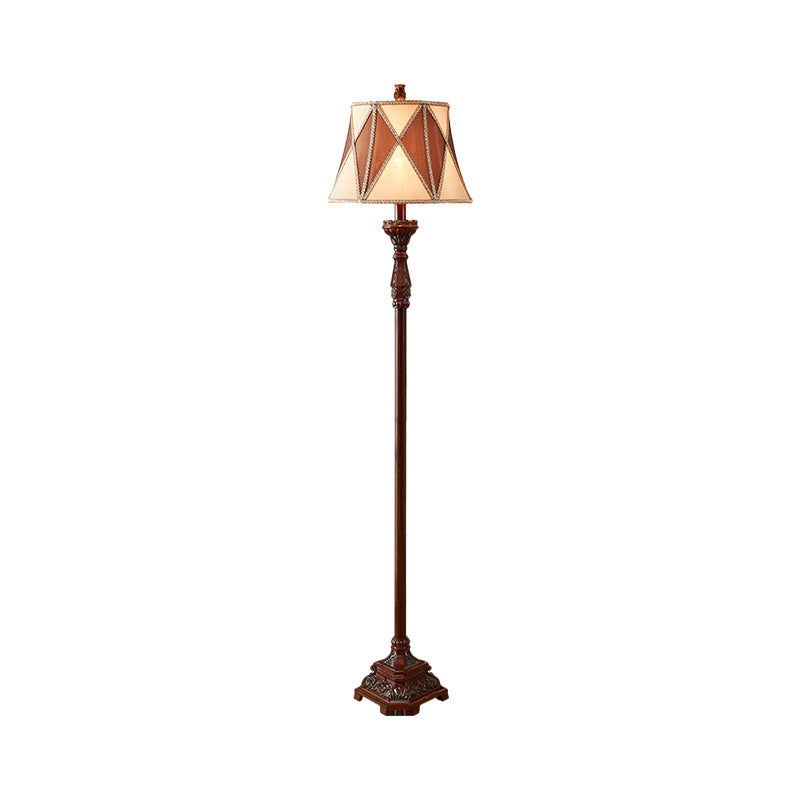 Red Brown 1 Bulb Floor Light Antiqued Style Fabric Flared Shade Floor Standing Lamp with Harlequin Design Clearhalo 'Floor Lamps' 'Lamps' Lighting' 1221285