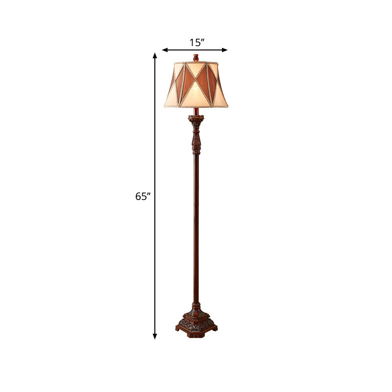 Red Brown 1 Bulb Floor Light Antiqued Style Fabric Flared Shade Floor Standing Lamp with Harlequin Design Clearhalo 'Floor Lamps' 'Lamps' Lighting' 1221286