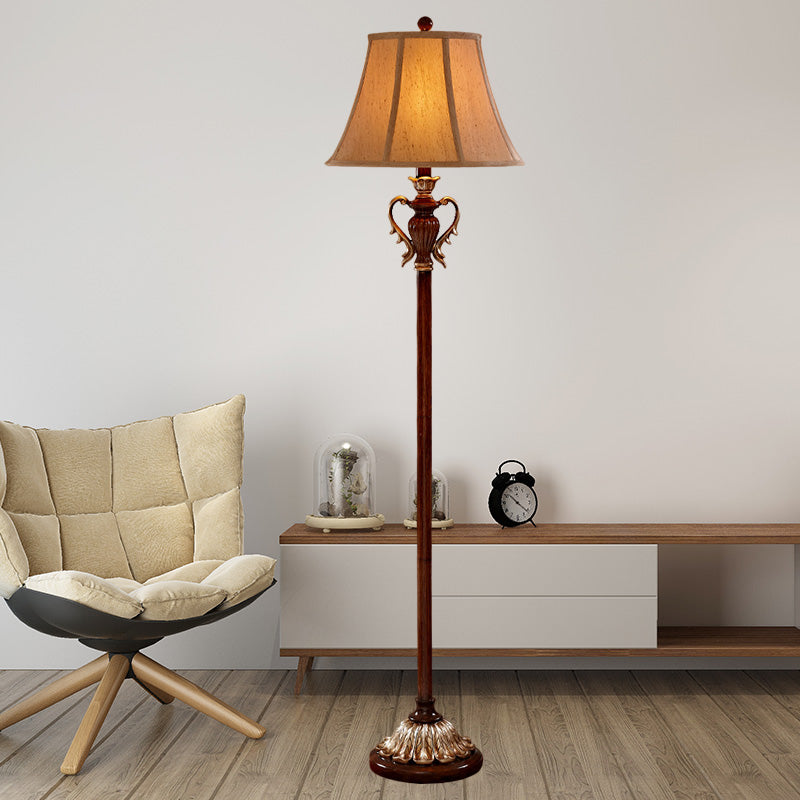 1-Light Empire Shade Standing Floor Lamp Traditional Style Brown Fabric Floor Light Brown Clearhalo 'Floor Lamps' 'Lamps' Lighting' 1221306