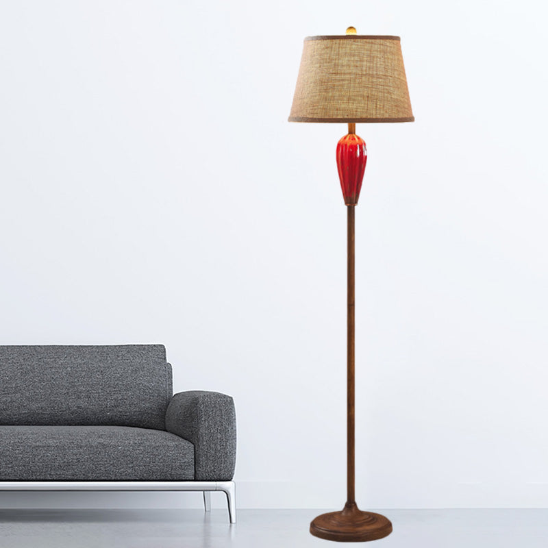Red/Blue Urn Shape Standing Light Retro Style Porcelain 1 Head Guest Room Floor Lamp with Tapered Fabric Shade Clearhalo 'Floor Lamps' 'Lamps' Lighting' 1221332