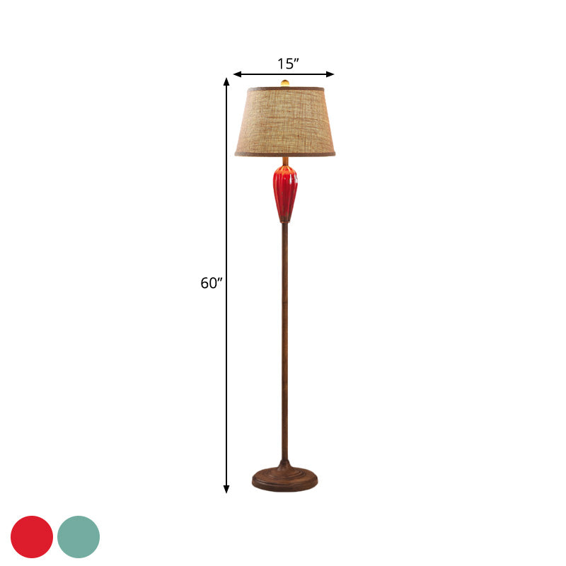Red/Blue Urn Shape Standing Light Retro Style Porcelain 1 Head Guest Room Floor Lamp with Tapered Fabric Shade Clearhalo 'Floor Lamps' 'Lamps' Lighting' 1221334