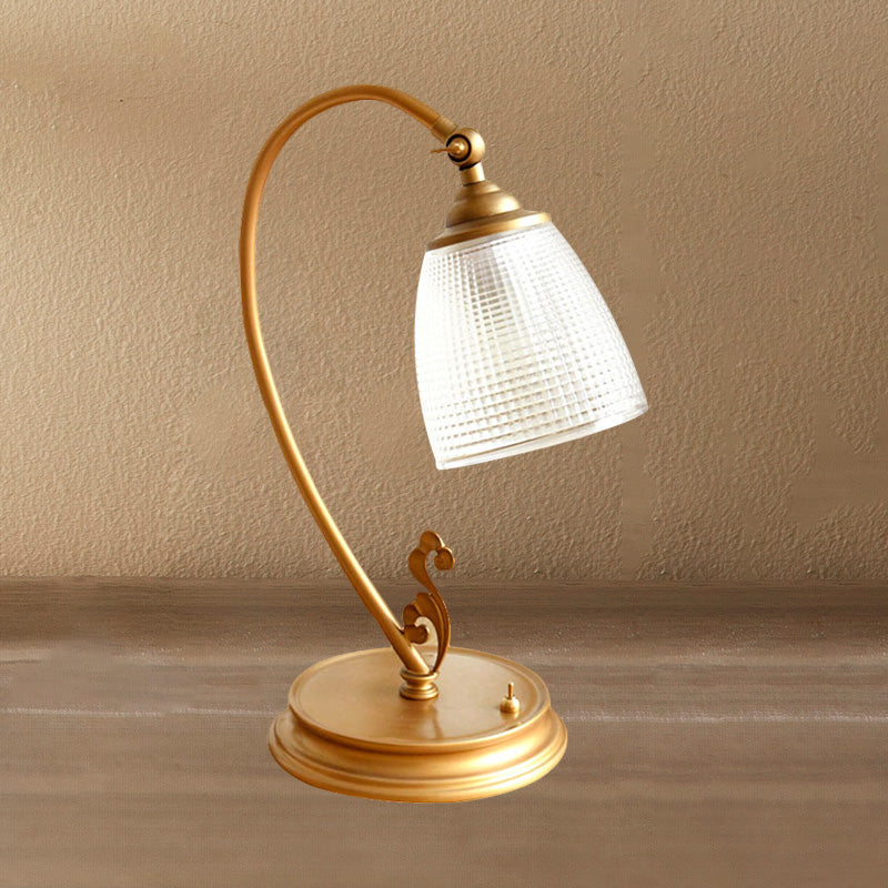 Gold 1 Bulb Desk Light Vintage Metal Swooping Arm Night Table Lamp with Flared Clear Glass Shade Clearhalo 'Lamps' 'Table Lamps' Lighting' 1221348