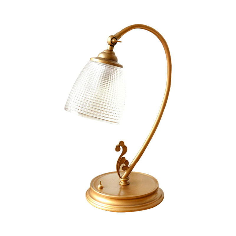 Gold 1 Bulb Desk Light Vintage Metal Swooping Arm Night Table Lamp with Flared Clear Glass Shade Clearhalo 'Lamps' 'Table Lamps' Lighting' 1221349