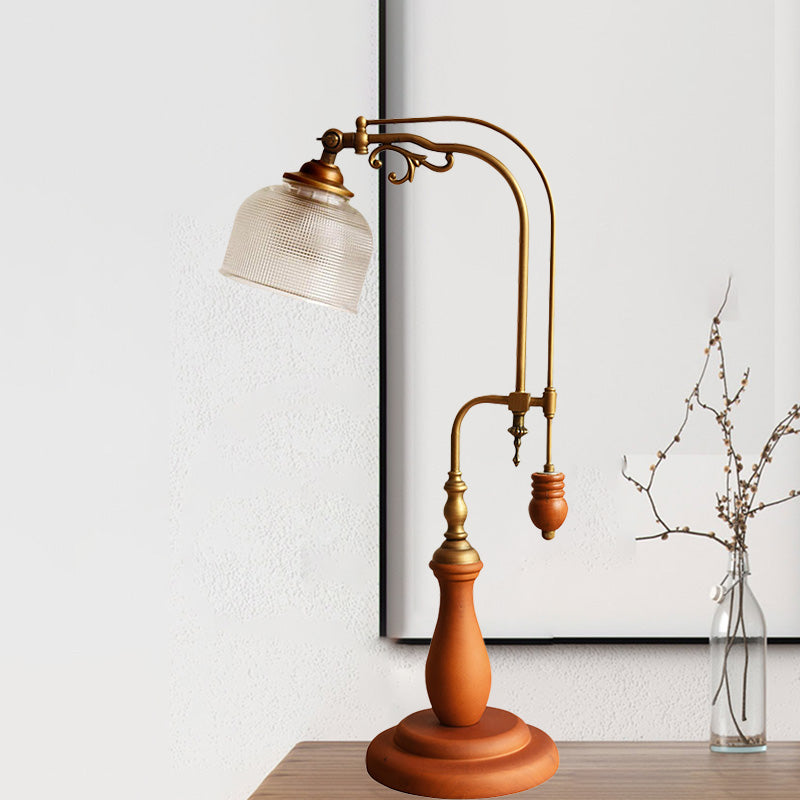 Curvy Metallic Table Light Antiqued Style 1 Bulb Bedside Nightstand Lamp in Red Brown/Yellow Brown/Wood with Cylindrical Clear Glass Shade Clearhalo 'Lamps' 'Table Lamps' Lighting' 1221362